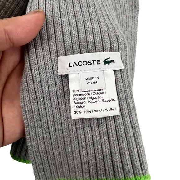 Lacoste Mens Gray Lime Green Trim Ribbed Wool Blend Rectangle Scarf - Picture 5 of 5